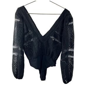 DARAH DAHL Black Thong Bodysuit Long Balloon Sleeves V-Neckline Crochet Size S